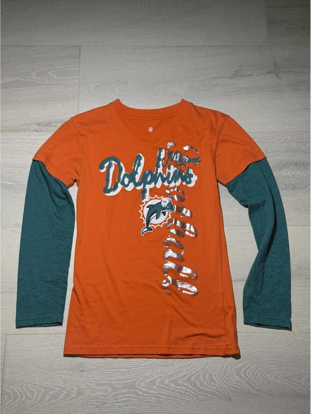 NFL Miami Dolphins Girls XL 14/16 Layered Long Sleeve Graphic T-Shirt Orange